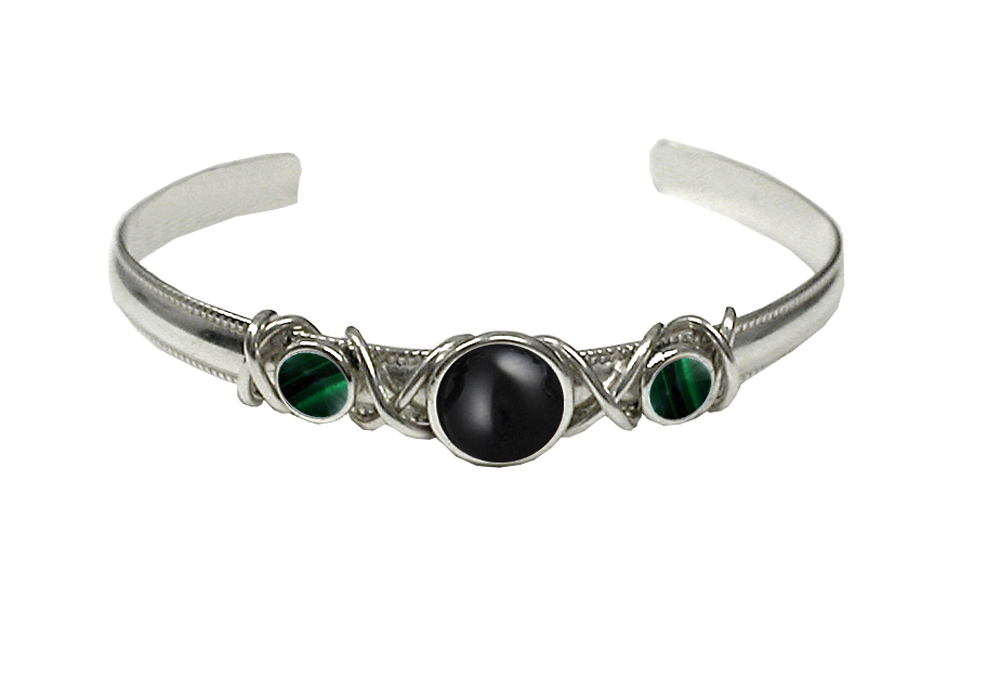 Sterling Silver Hand Made Cuff Bracelet With Black Onyx And Malachite